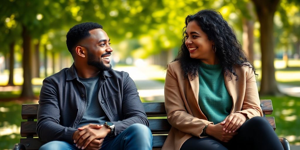 Two friends laughing on a park bench.