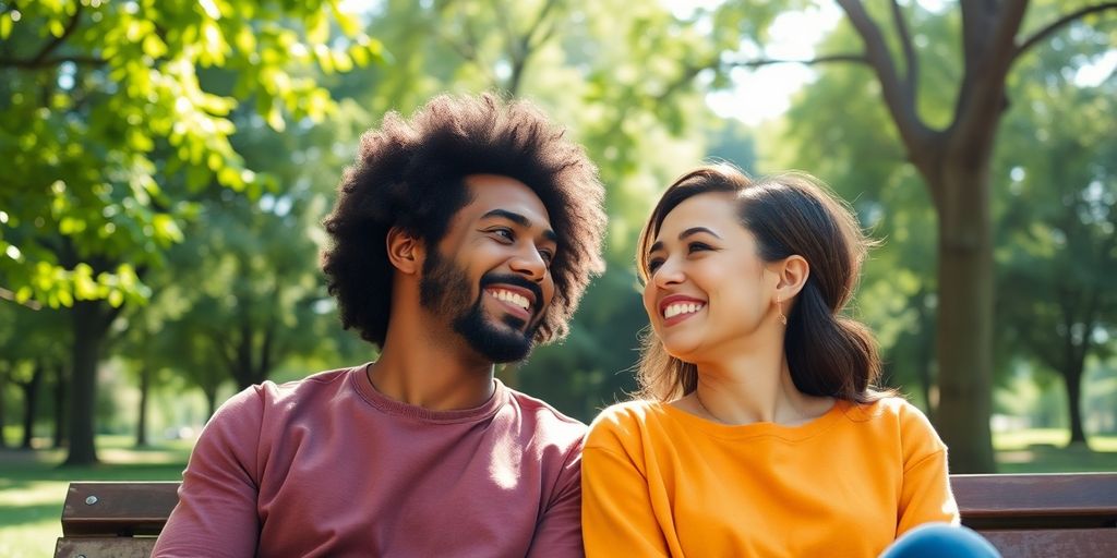 Two friends laughing, sitting on a park bench.