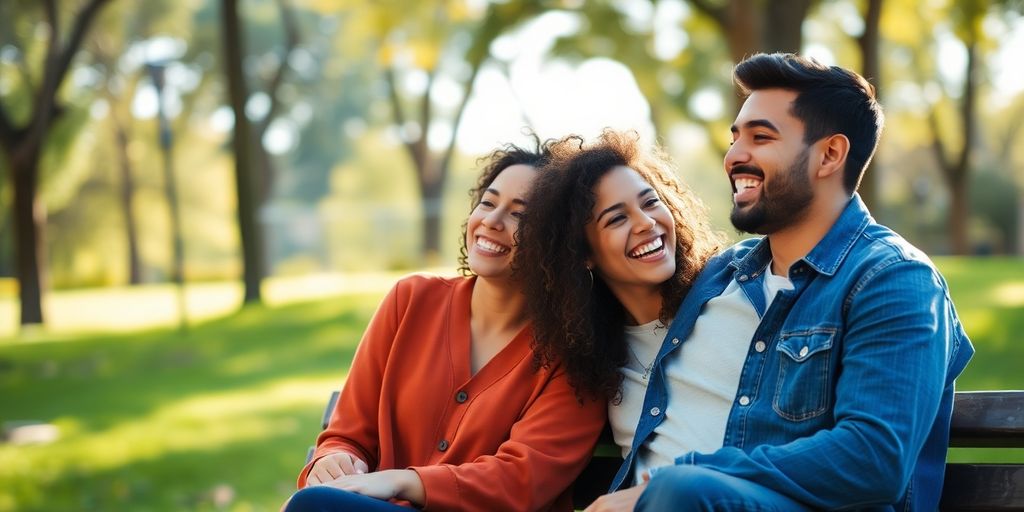 Two friends laughing together on a park bench.