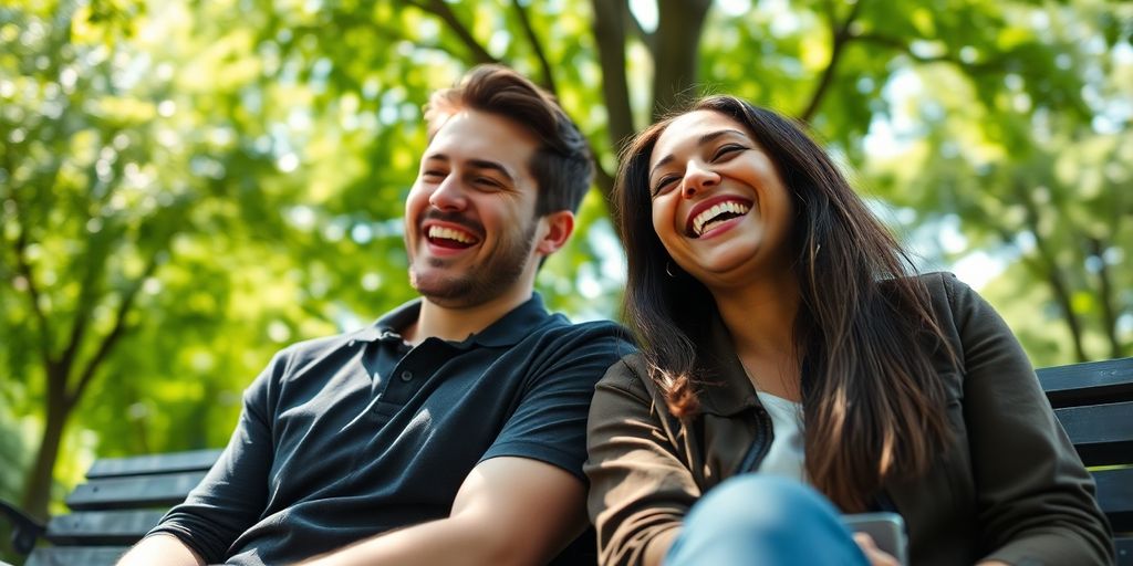 Two friends laughing together outdoors.