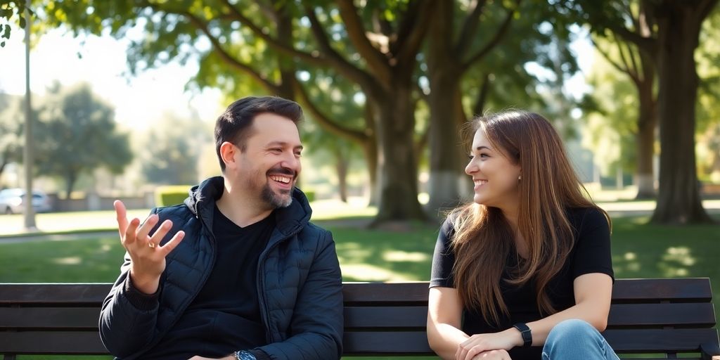 Two friends talking on a bench.