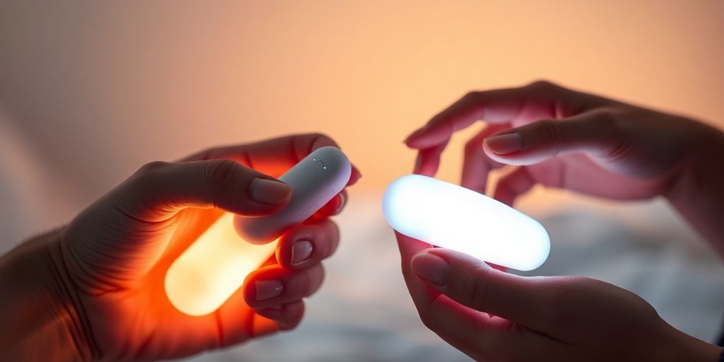 Two hands holding connected long-distance intimacy toys.