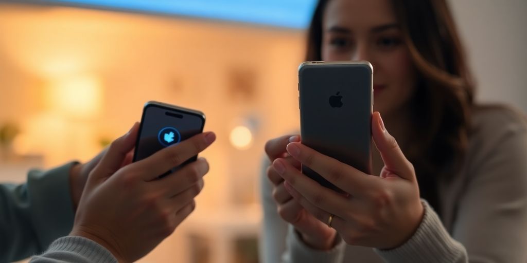 Two hands holding smartphones and glowing devices in warm ambience.