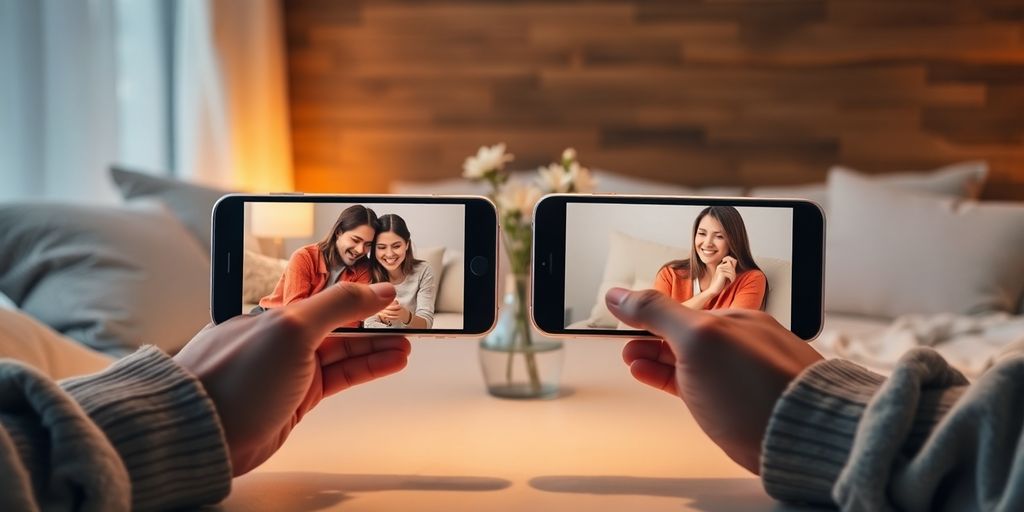 Two hands reaching toward phone screens showing smiling distant couple