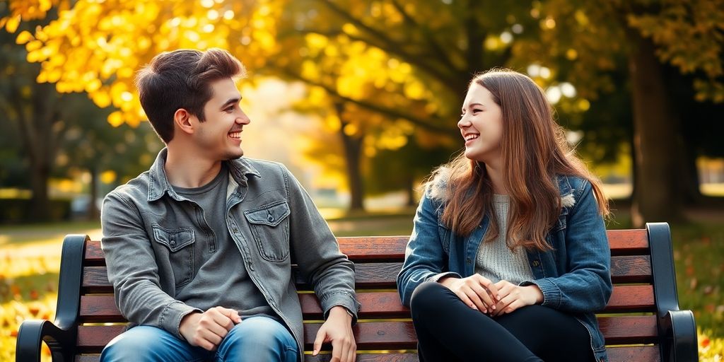 Two laughing friends on a park bench.