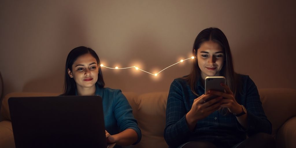 Two lovers, connected by glowing digital lines.