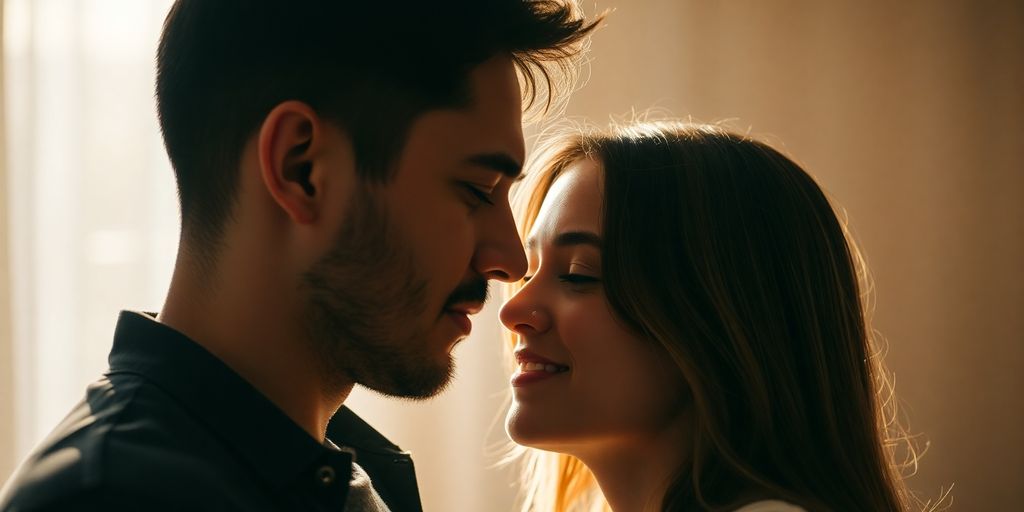 Two people connecting with warm, soft light.