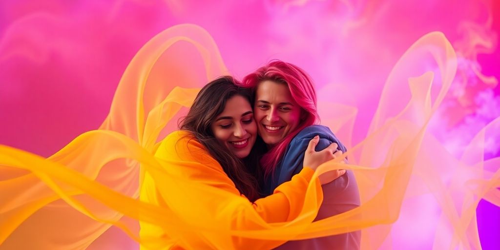 Two people embracing amidst colorful, overlapping abstract shapes.