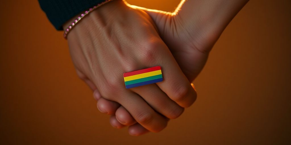 Two people holding hands, one with a rainbow bracelet.