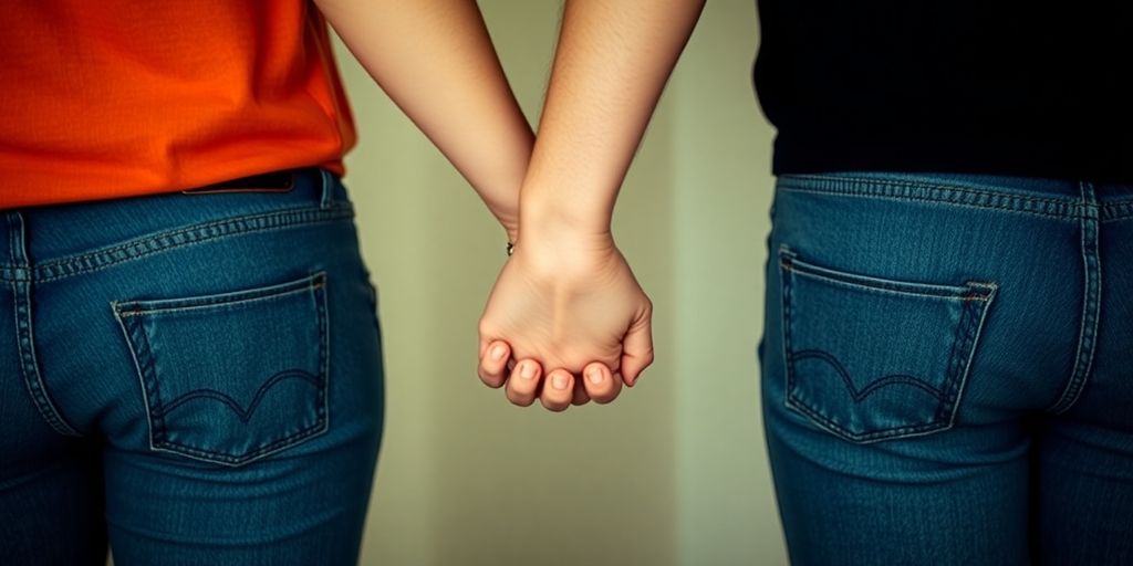 Two people holding hands, one with another person's arm around them.