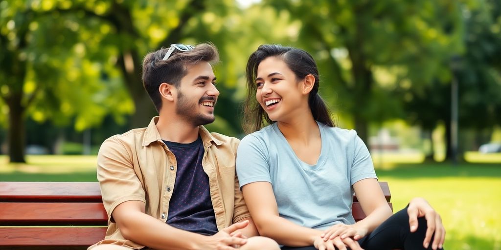 Two people laughing on park bench
