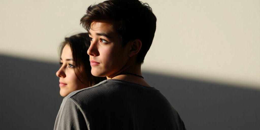 Two people, one looking away, one looking at the other.