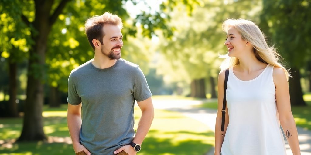 Two people smiling and laughing together outdoors.