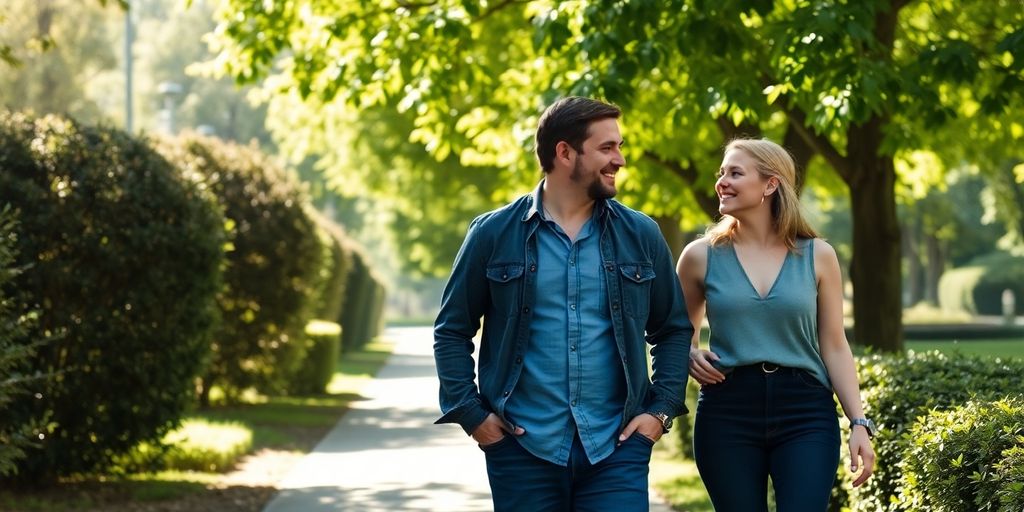Two people smiling, walking on a sunny path.