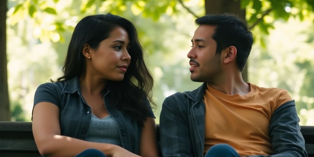 Two people talking on a park bench.