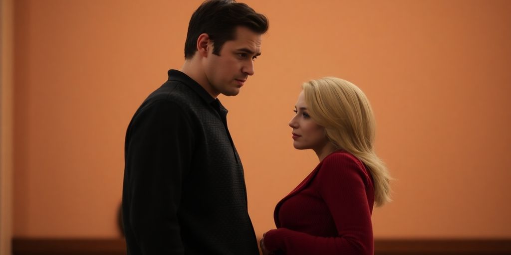 Two people, uneasy, avoid eye contact.