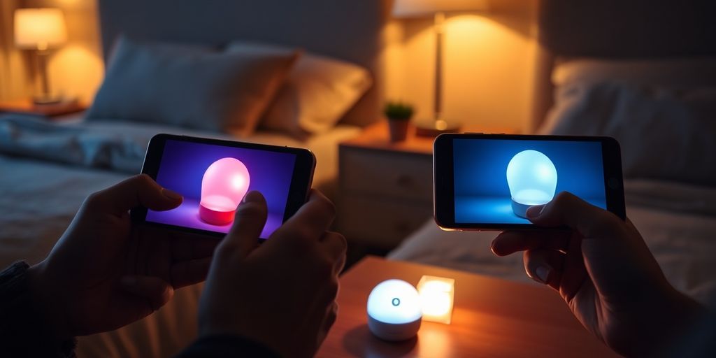 Two smartphones and glowing Bluetooth-enabled intimate toys on bedside tables.