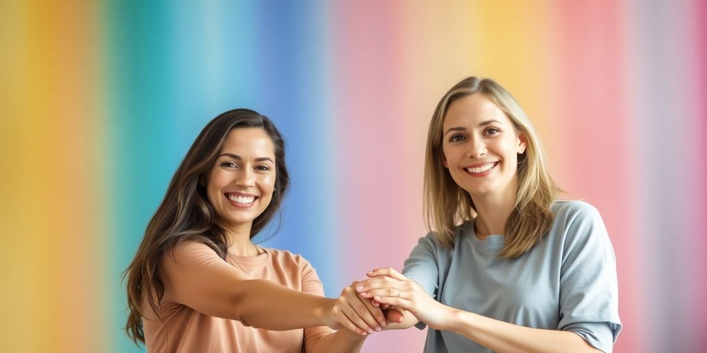 Two women, holding hands, colorful background.