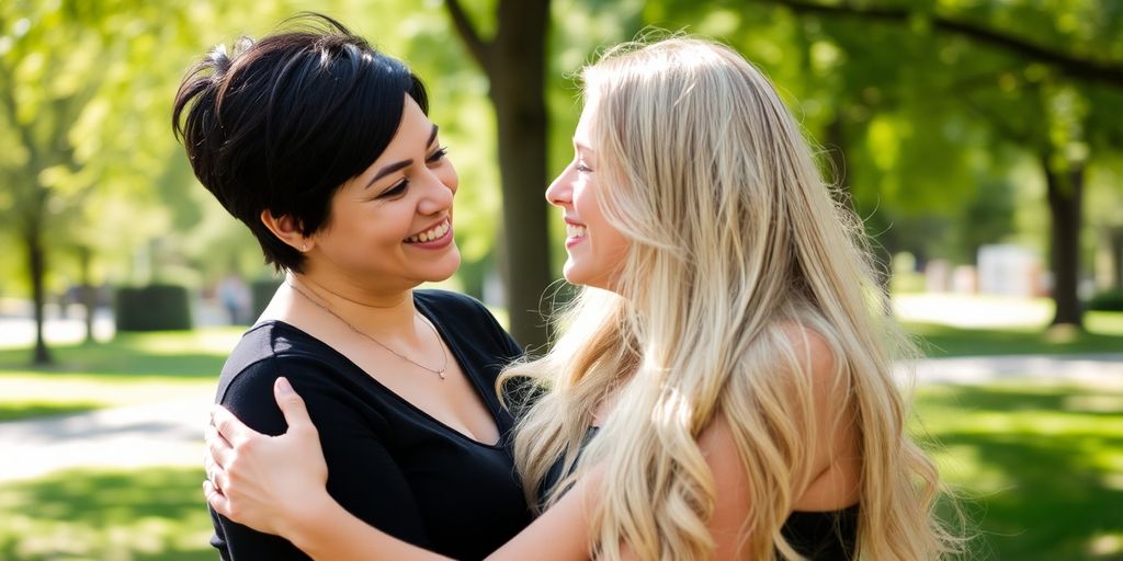 Two women, one arm around each other.