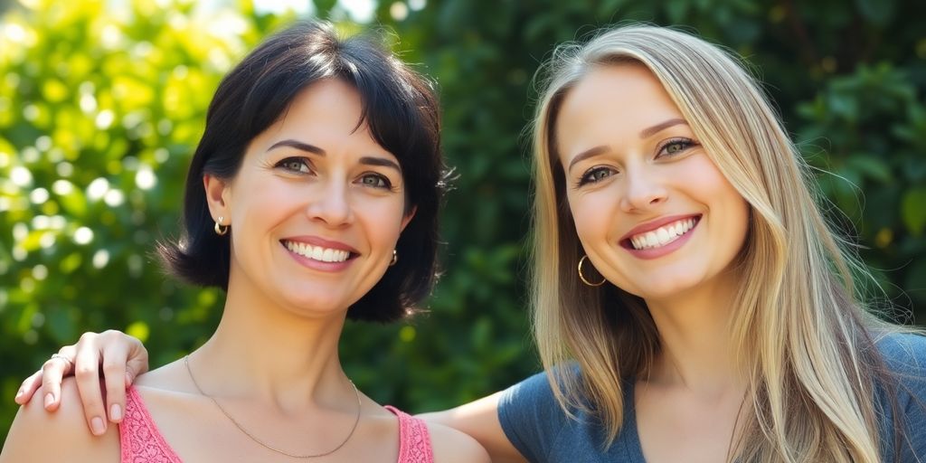 Two women, one arm around the other, smiling outside.