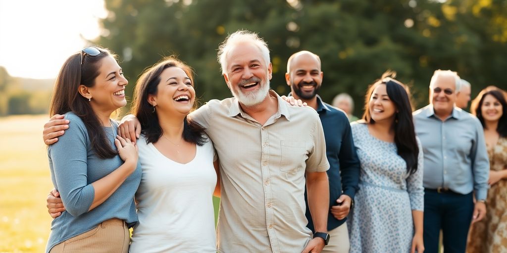 Two women, one man, and a family laughing.