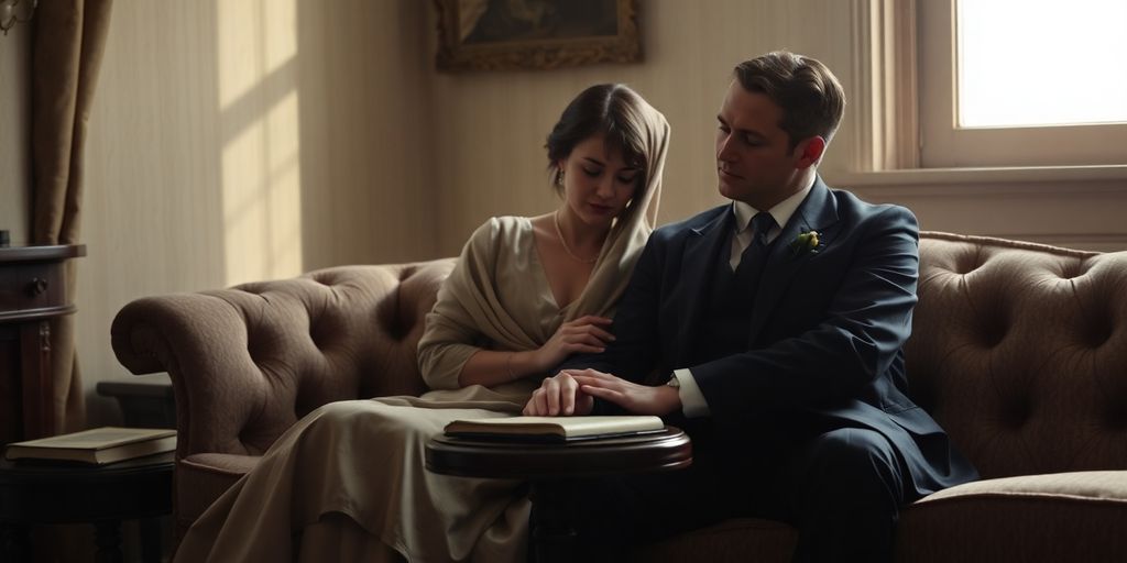 Victorian couple, discreetly touching, a book nearby.