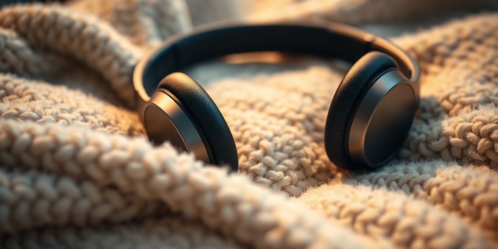 Wireless headphones on a soft, textured blanket.