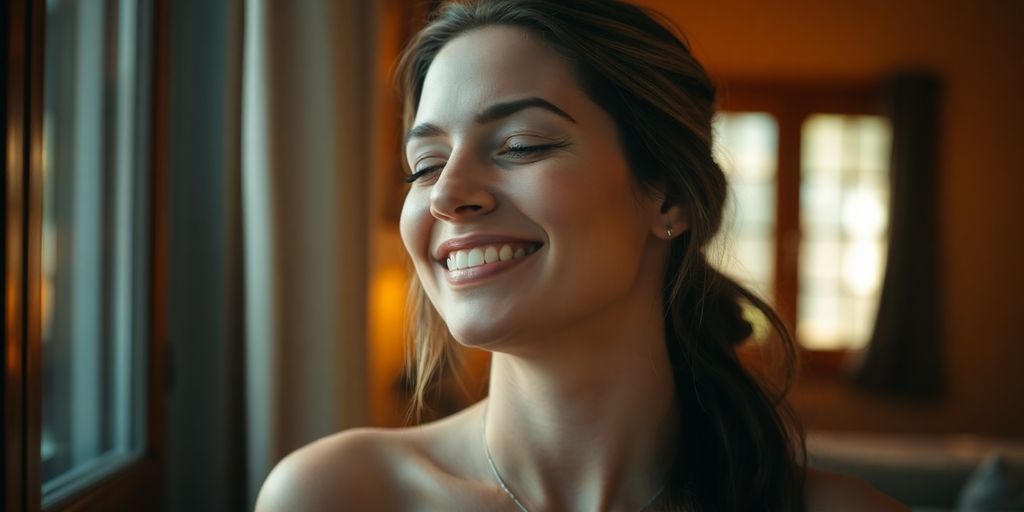 Woman smiling, bathed in soft, warm light
