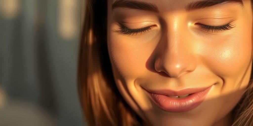 Woman's contented face, soft lighting, sensual atmosphere.