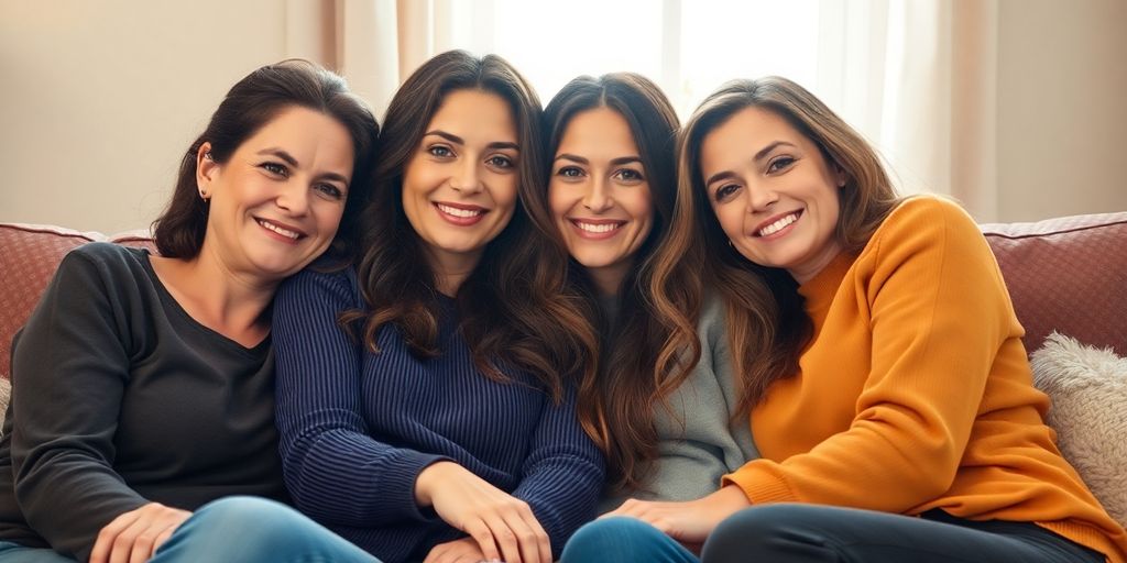 four women in a polyamorous relationship cuddling on a couch