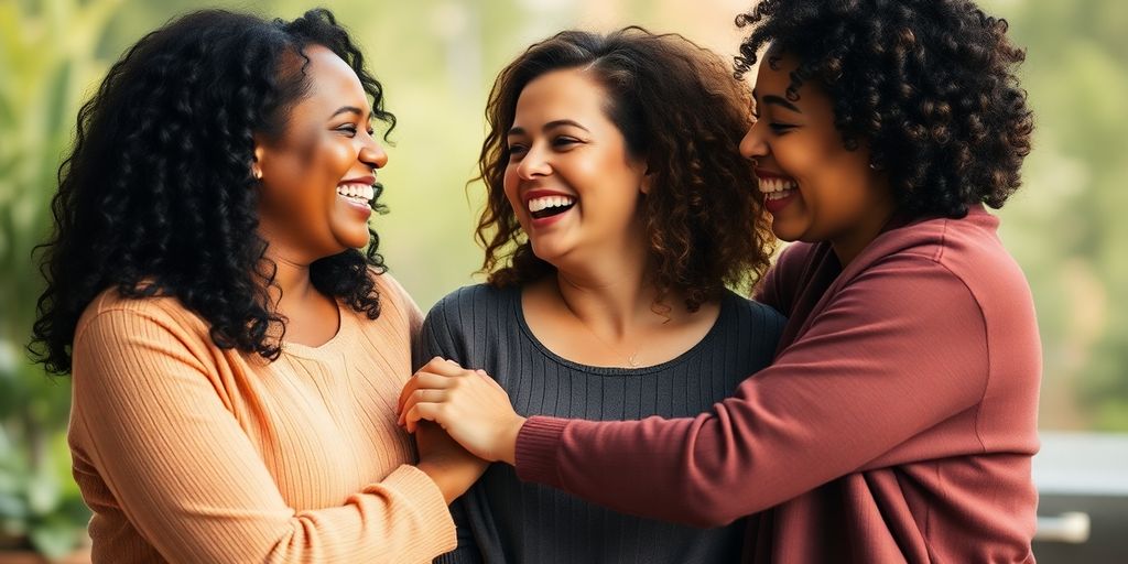 hree women holding hands, smiling at each other
