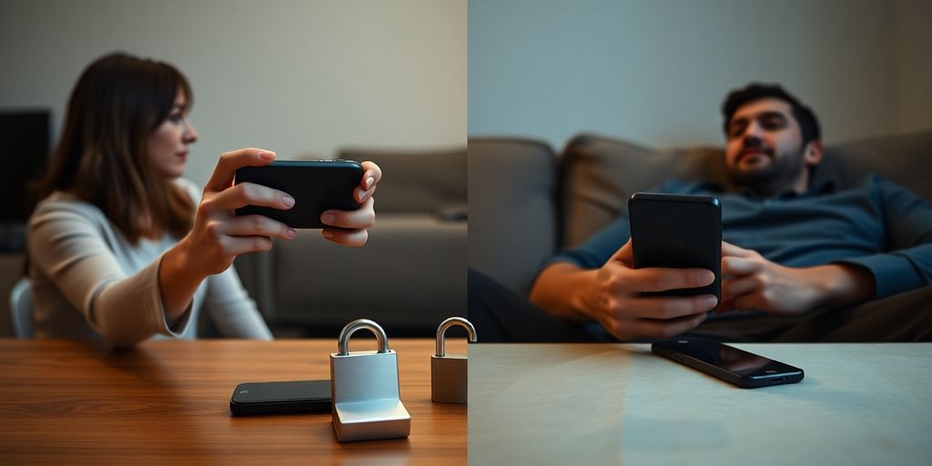 Couple holding matching remote toys beside locked smartphones on nightstand.