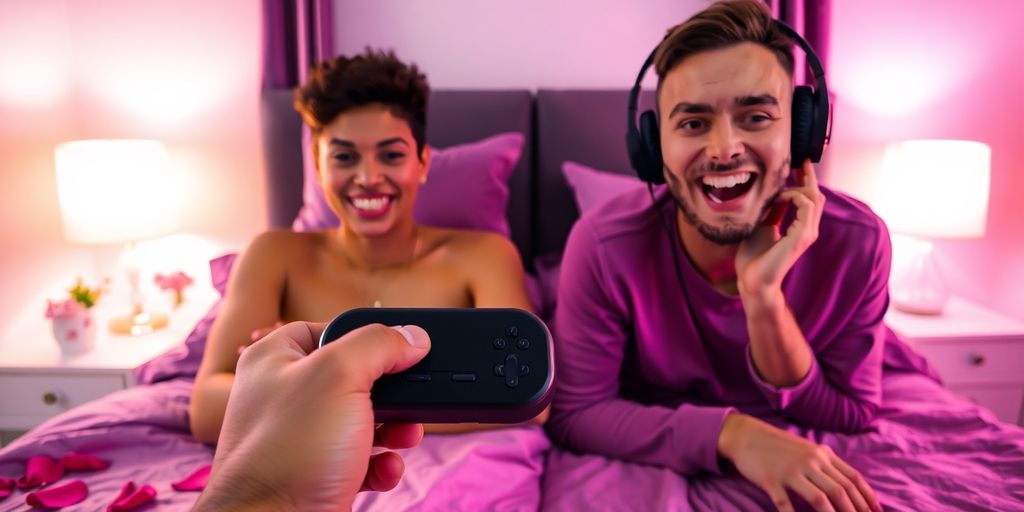 Two partners on video call with adult toy and petals