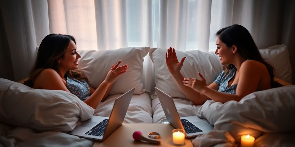 Couple on video call with intimate toys and warm lighting