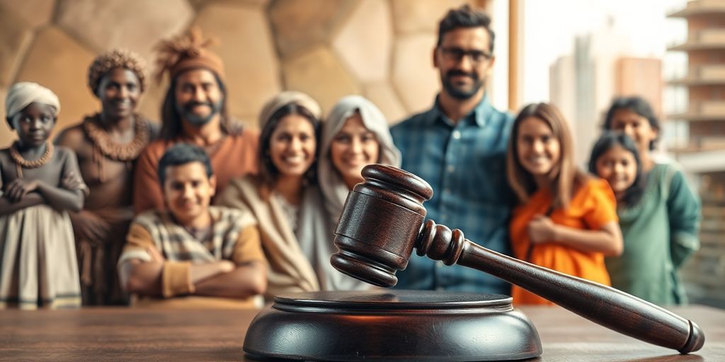 Diverse families and a legal gavel.