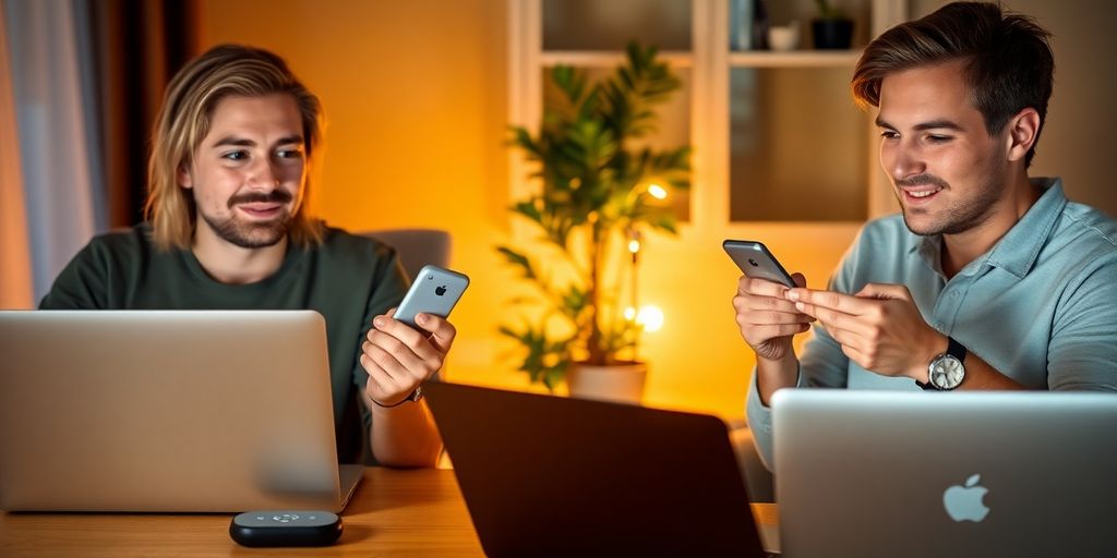 Two partners video chat holding remotes beside a long-distance toy.
