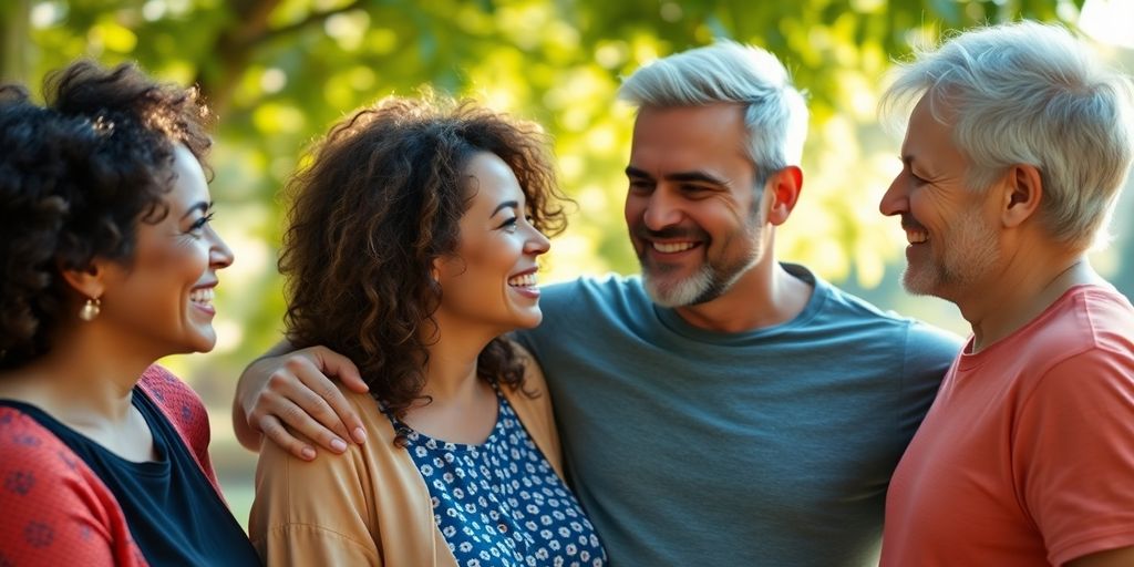 Diverse group of adults interacting in a warm, open setting.