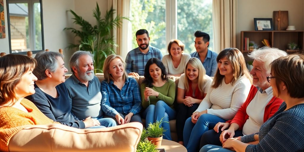 Diverse adults, some couples, in warm, inviting space.