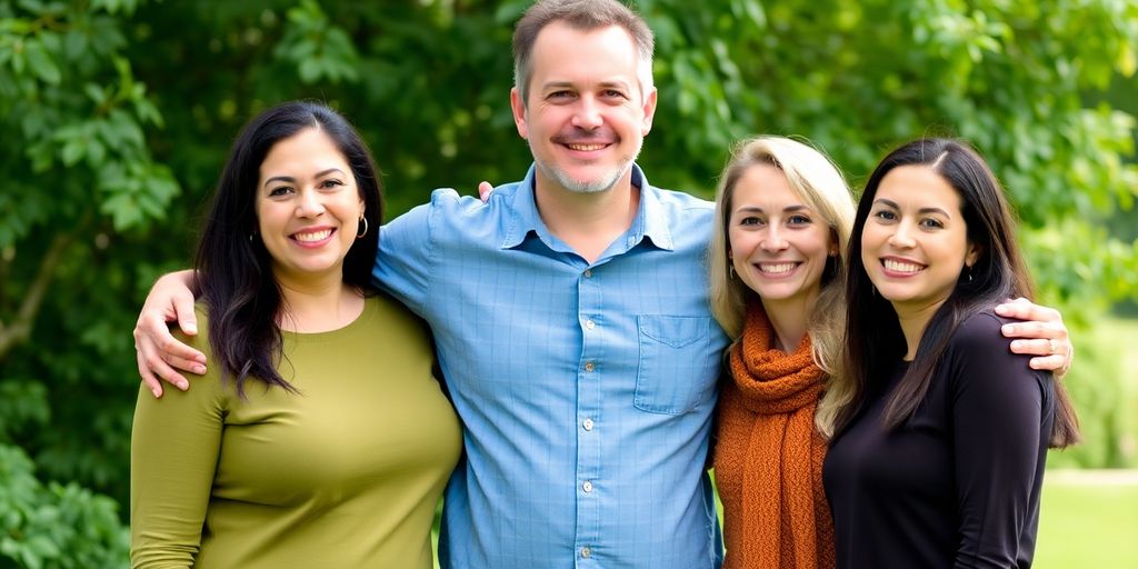 Man with multiple female partners, smiling.