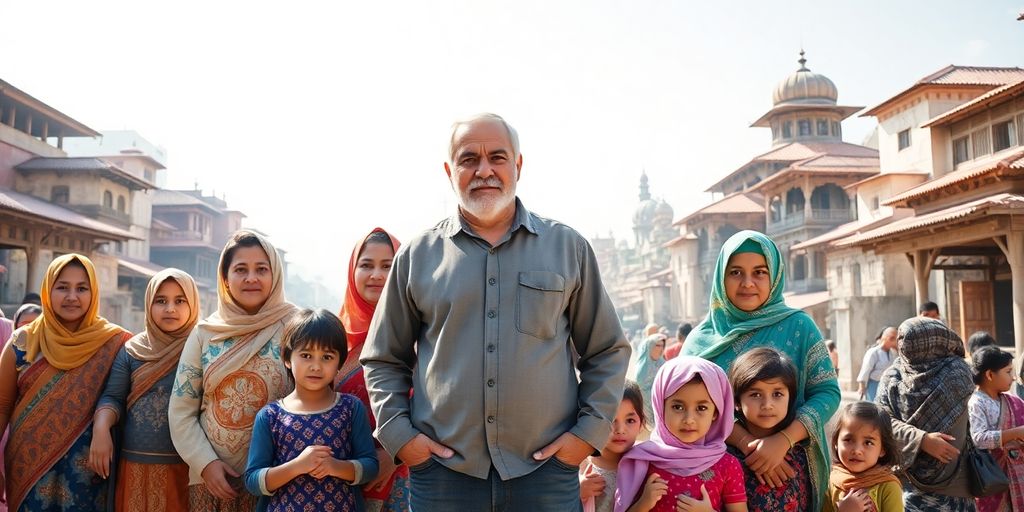 Man, multiple wives, children, diverse cultural settings.