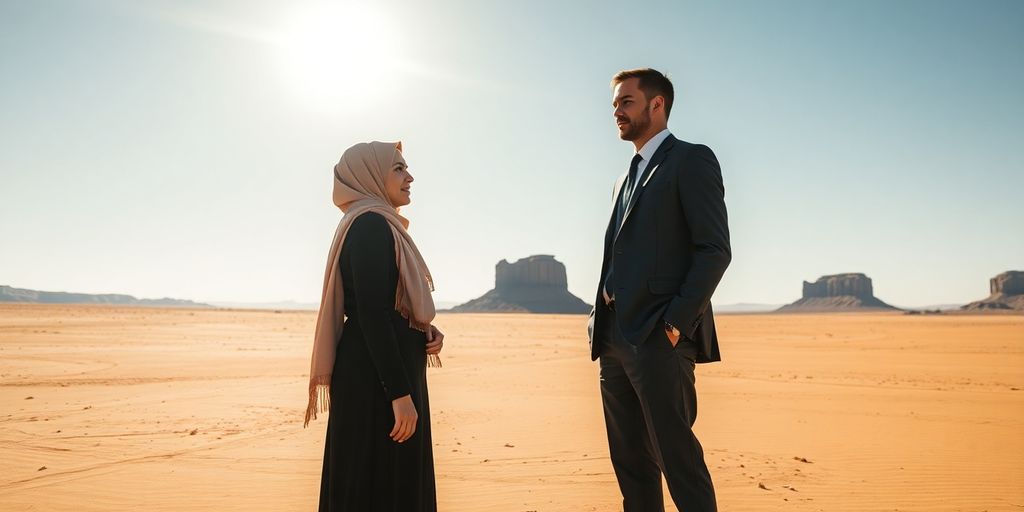 Woman in headscarf, man in suit, desert backdrop.