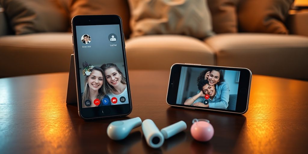 Two smartphones and matching vibrators on table during video calls