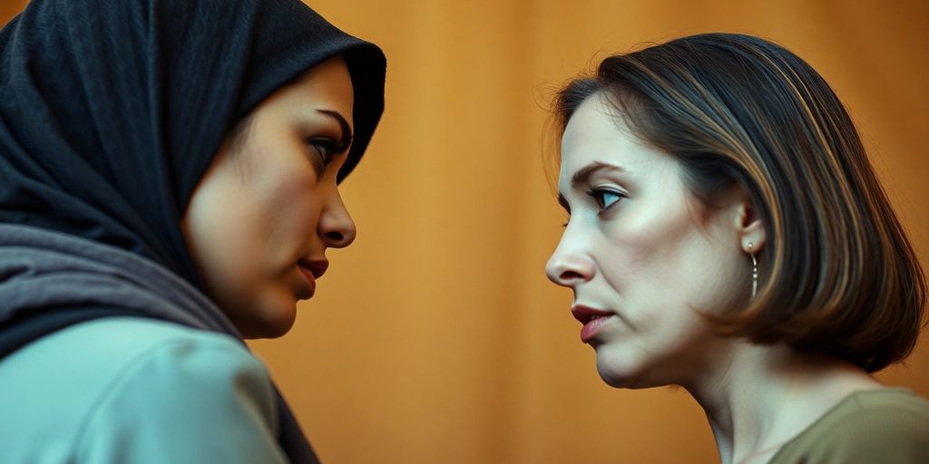 Two women debating, one with a hijab and one without.