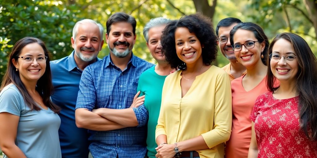 Diverse adults in group, smiling at camera