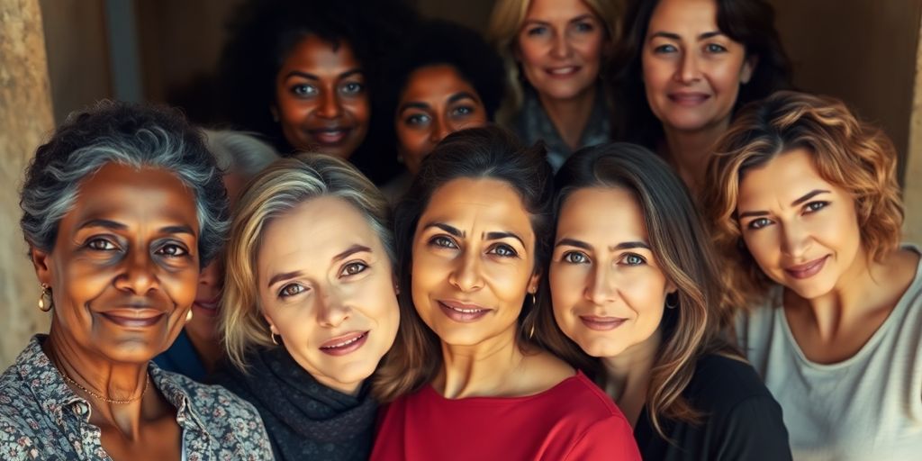 Diverse women, various ages, stand together.