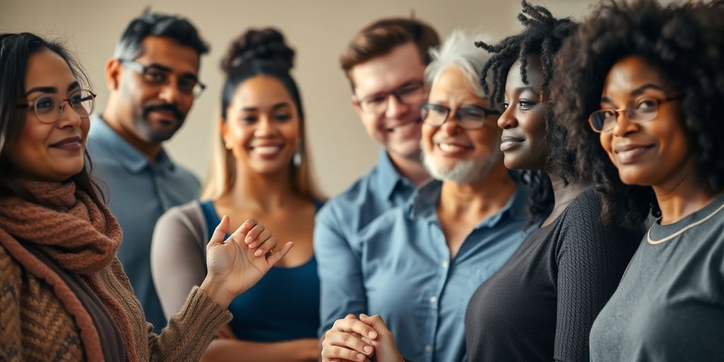 Diverse adults, intertwined hands, warm light.