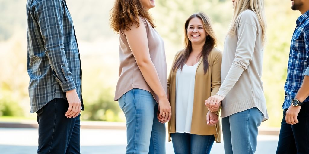 Diverse adults in harmonious, interconnected poses.