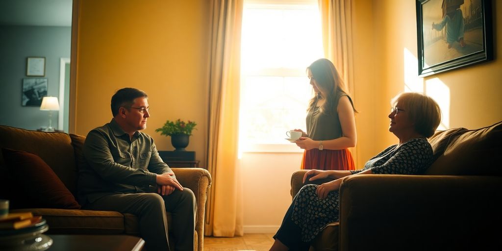Two women, one man, conversing in a living room.