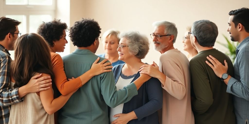 Diverse adults in various close groupings, warm light.