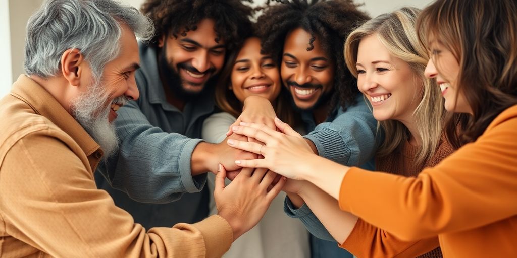 Diverse families gathering, intertwined hands, warm light.